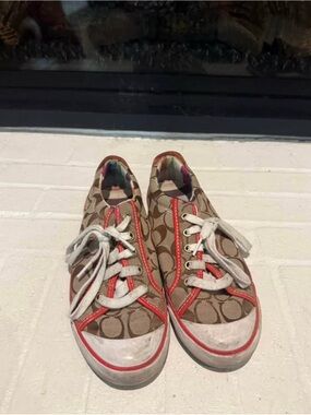 Coach Tan Logo Sneakers with Orange Trim